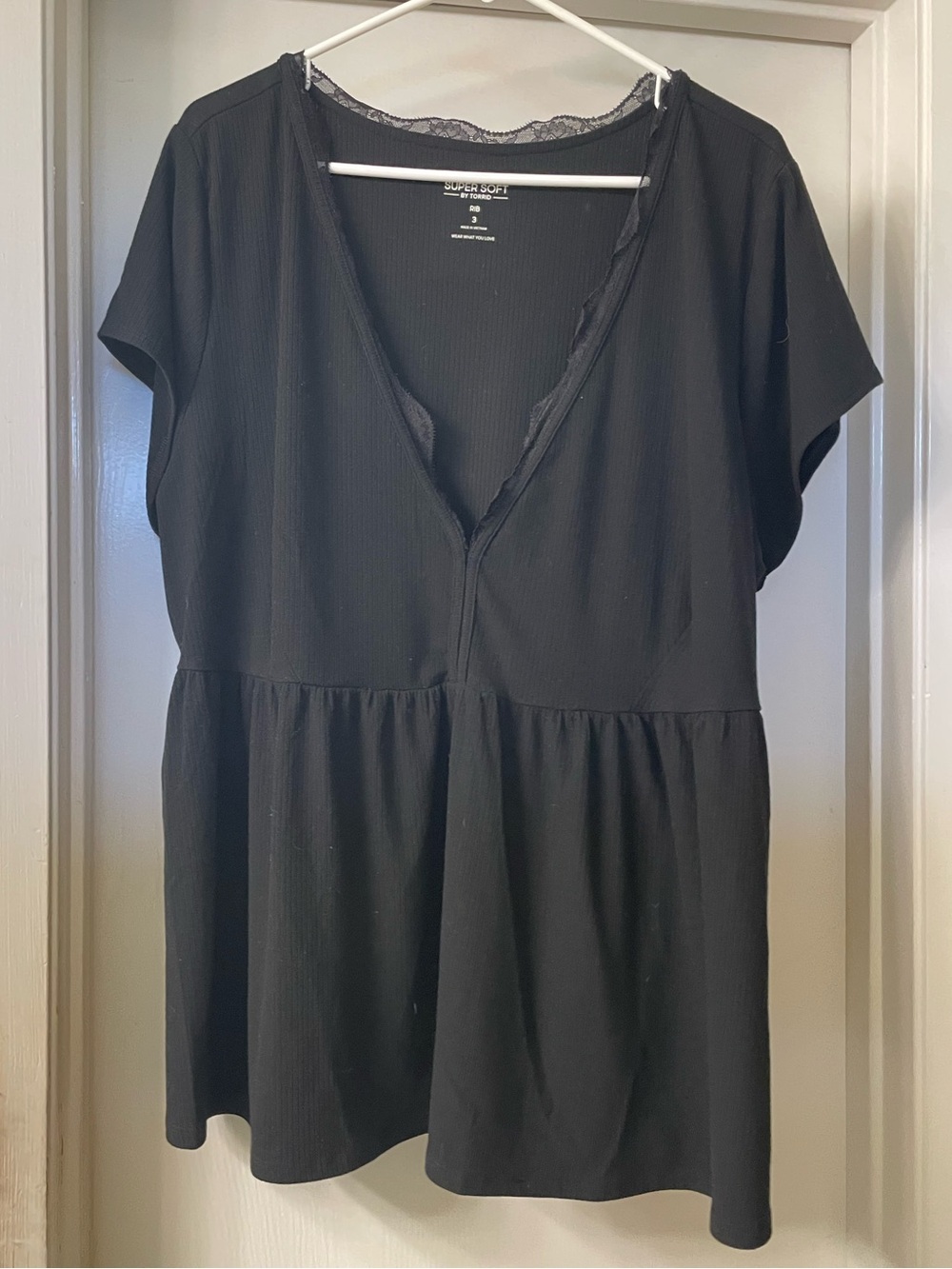 Torrid Black Ribbed V-Neck Peplum Babydoll Women’s Top with Lace Detail